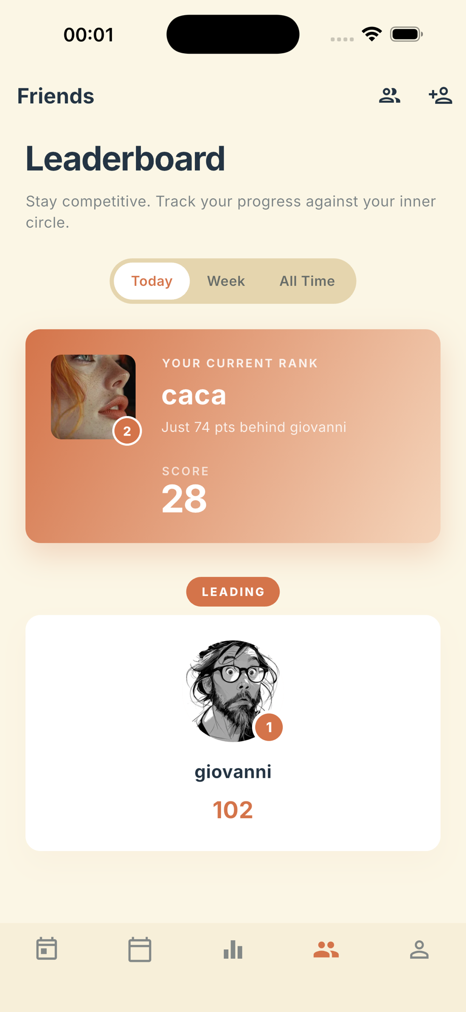 Deskbound Friends leaderboard with Today, Week, and All Time tabs and a leading friend card